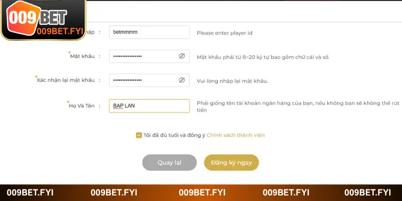 Hướng dẫn đăng ký 009BET nhanh 3 phút cho tân binh