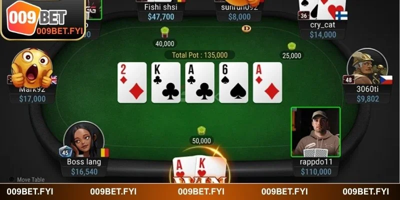Bàn game bài Poker trực tuyến náo nhiệt như một sòng bạc thật sự