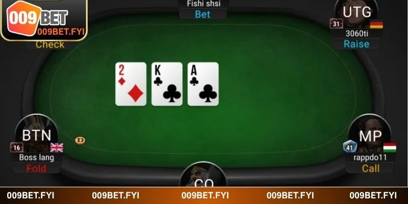 Giao diện bàn game bài Poker hiển thị các bước đặt cược và chia quân rõ ràng